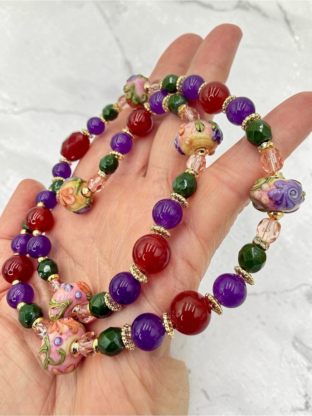 Artisan Handmade Amethyst Carnelian Lampwork Floral Necklace 20” Gold Floral Lux - Picture 11 of 17
